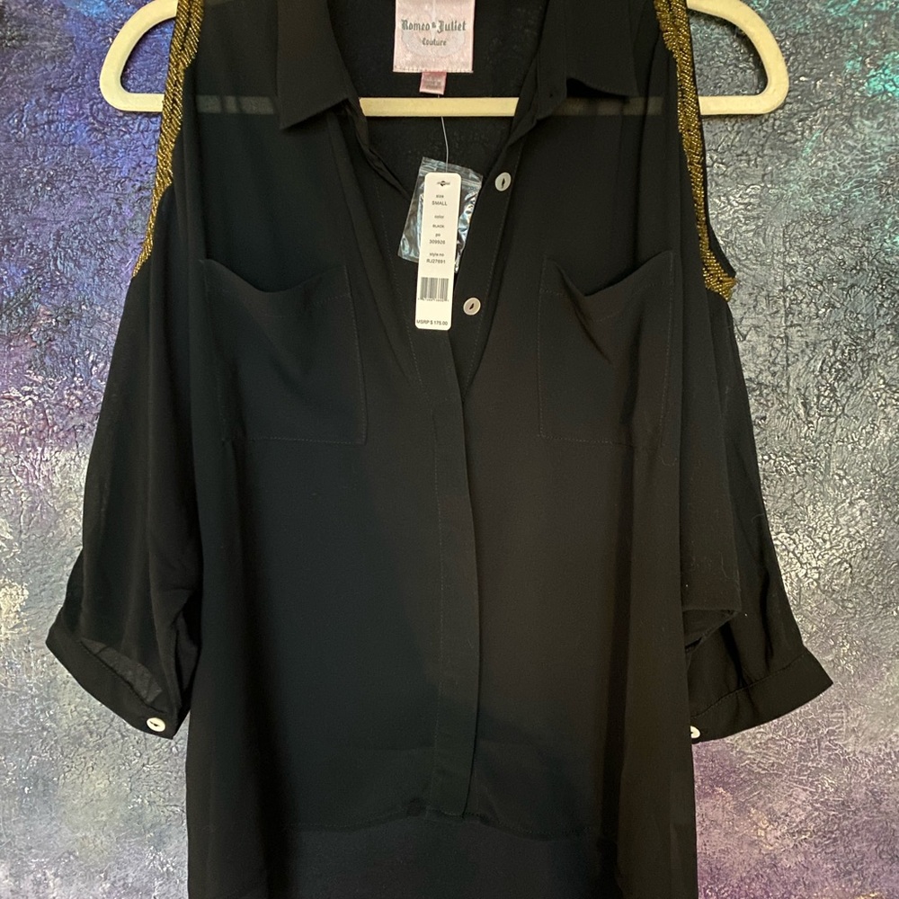 Romeo & Juliet Couture Women's Black beaded cold shoulder Sheer Button Top small